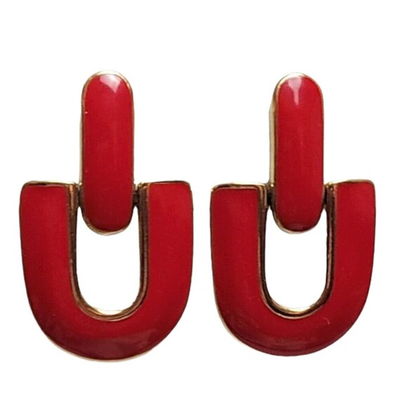 Trifari Gold Tone Red Enamel Door Knocker Hinged Clip On Earrings, Signed - Picture 3 of 7
